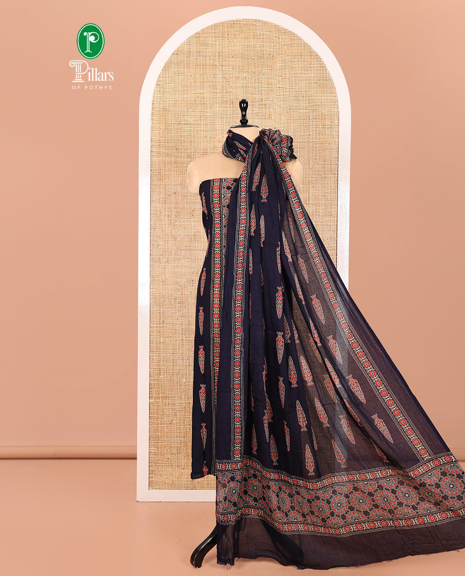 Navy Blue Rayon Material Chudidhar Set, Decked Up with Ajrakh-Style Floral Printed Top, Elegantly Printed Bottom, and Rayon Dupatta of Ajrakh-Style Floral and Tree Motifs Print