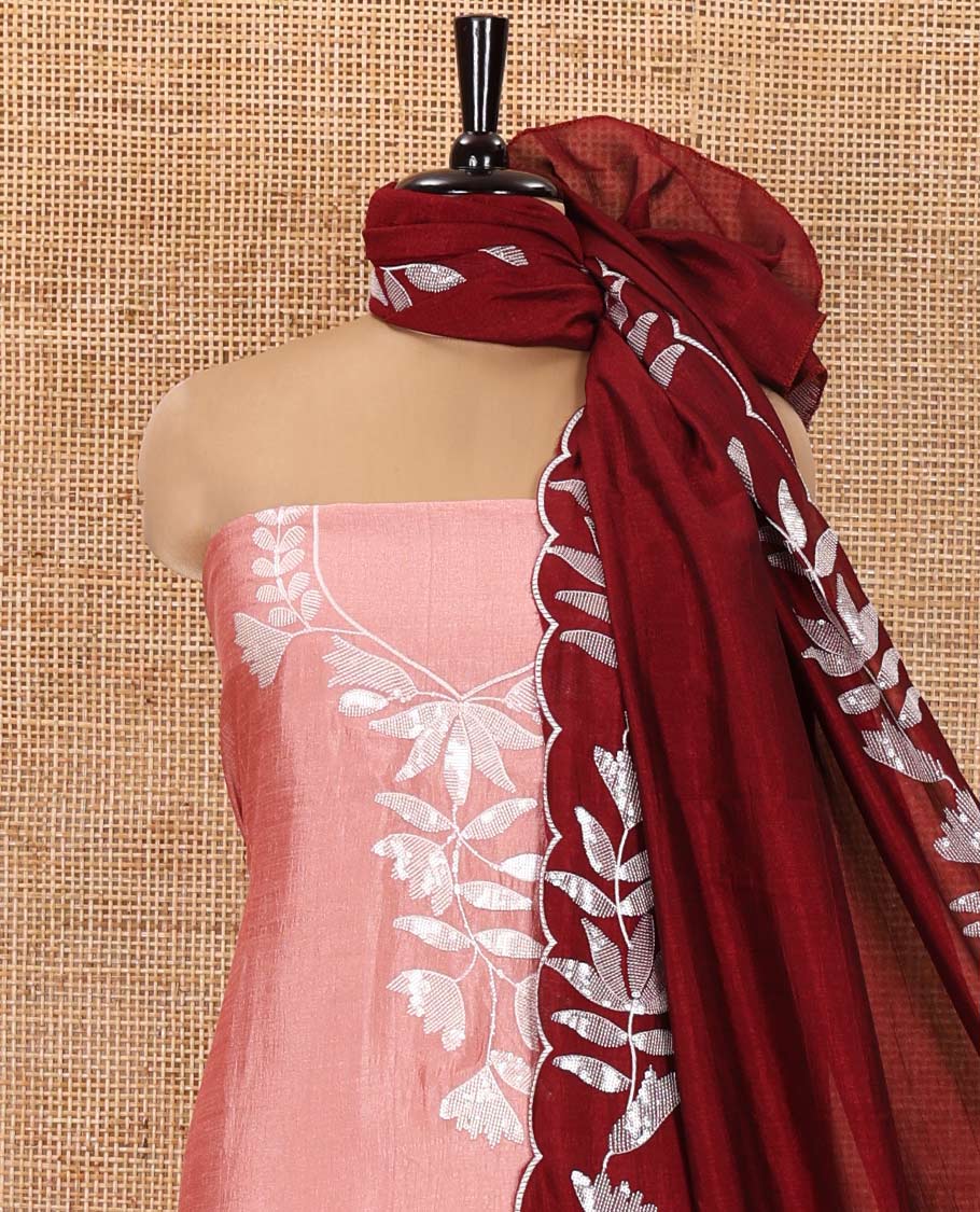 Pink Material Churidar Set, Detailed with Floral Motifs Sequins-Thread Embroidered on Its Vichitra Silk Top, Comes with a Contrast Santoon Bottom, and Paired with a Vichitra Silk Floral Embroidered Scallop Dupatta
