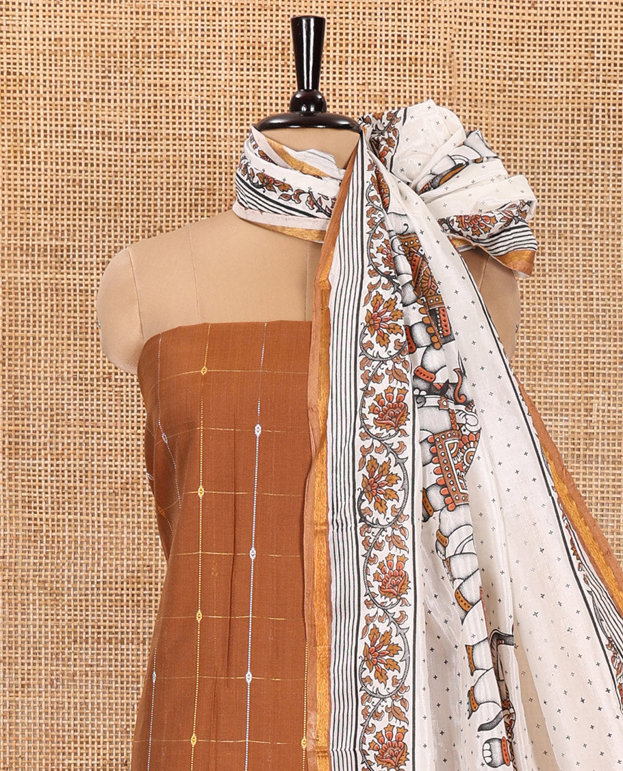 Mustard Material Churidar Set, Accentuated with Zari Checked Semi-Silk Top, Comes with a Contrast Plain Soft Cotton Bottom, and a Contrast Semi-Silk Dupatta, Pictures a Herd of Elephants