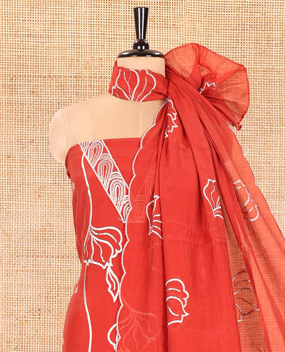 Rust Mul Chanderi Material Churidar Set, Decorated with Flower Embroidery and Sequins Work V-Neck Top, a Plain Santoon Bottom, and Paired with a Mul Chanderi Floral Embroidered Dupatta