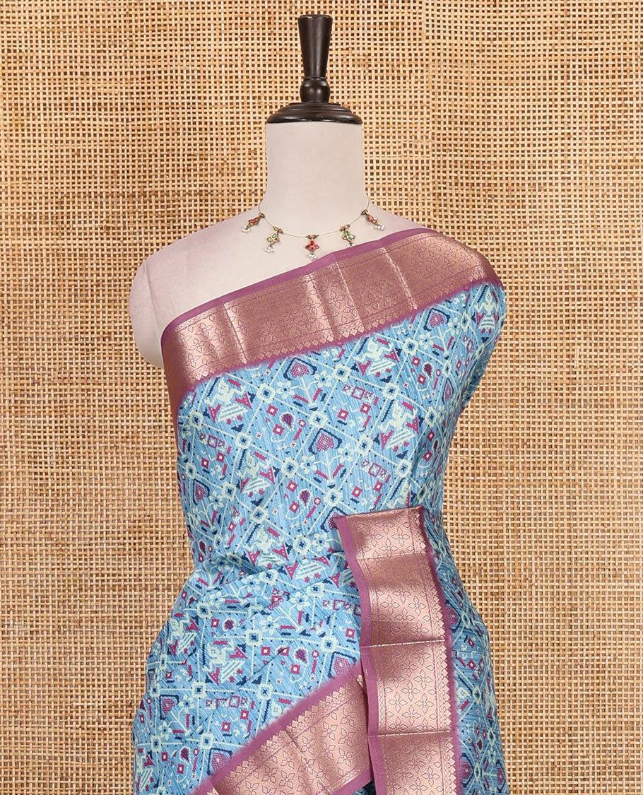 Blue patola style butta enclosed jaal printed fancy tussar saree, contrast traditional zari border and intricately zari woven pallu