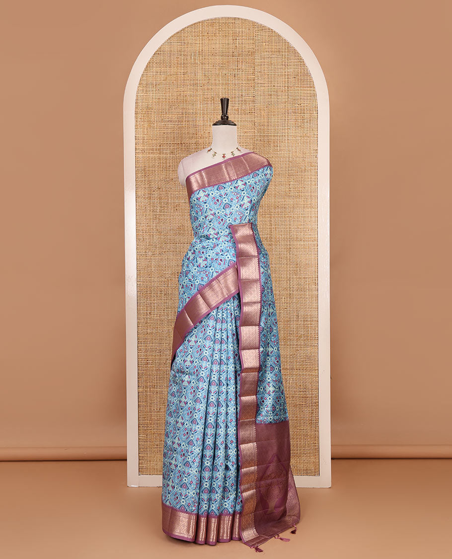 Blue patola style butta enclosed jaal printed fancy tussar saree, contrast traditional zari border and intricately zari woven pallu