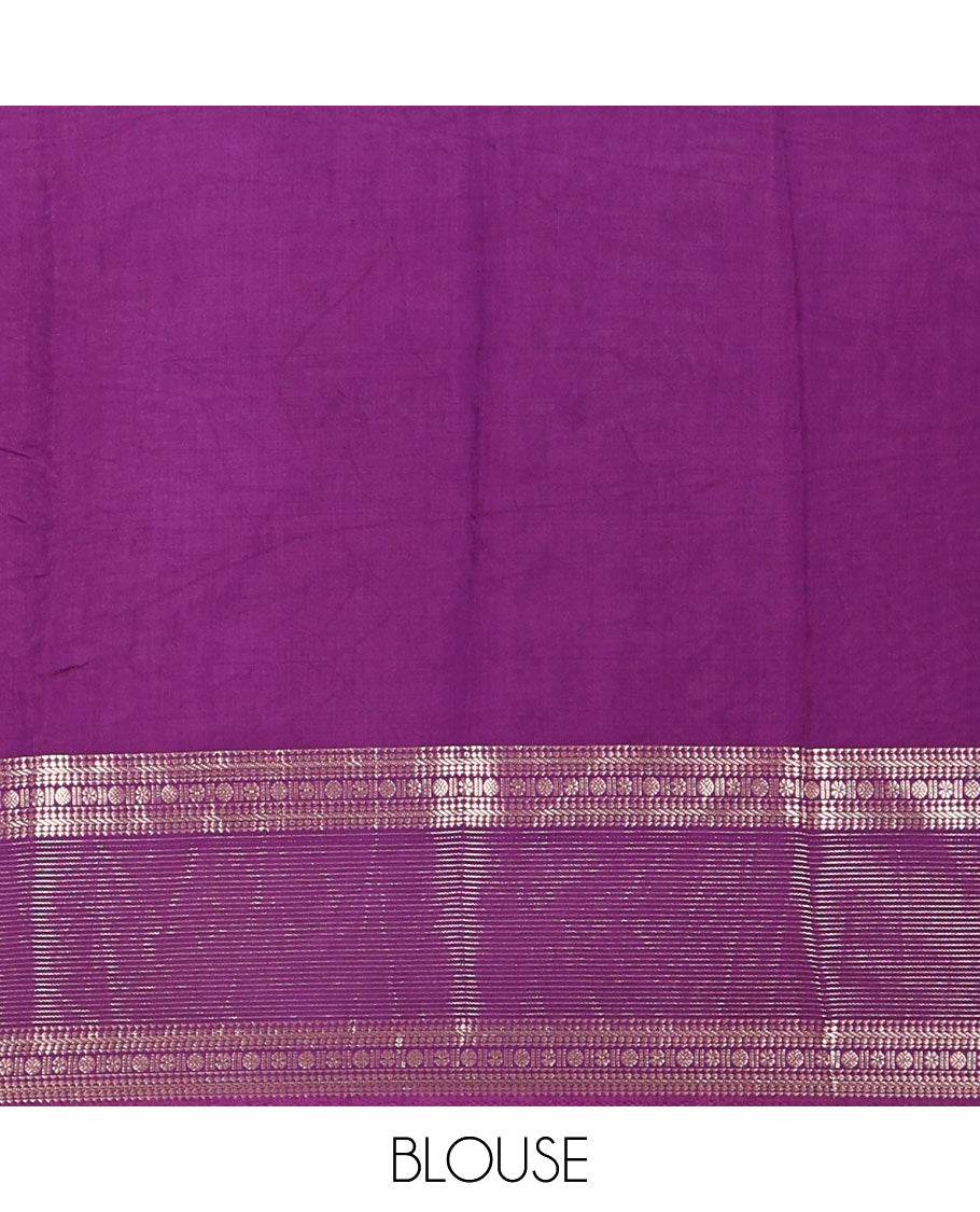Pista green plain Assam silk saree, contrast traditional zari border of rudraksham motifs, zari striped pallu, and a contrast zari bordered blouse