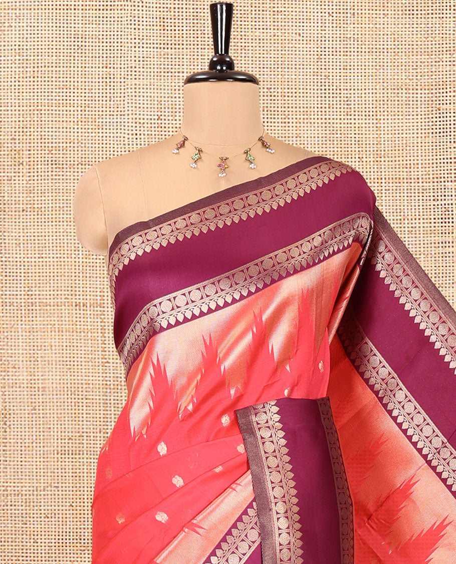 Dark Pink Litchi Saree, Bedecked with Peacock Buttas , Contrast Temple Traditional Rettai Pettu Border, Pallu of Traditional , and Contrast Blouse