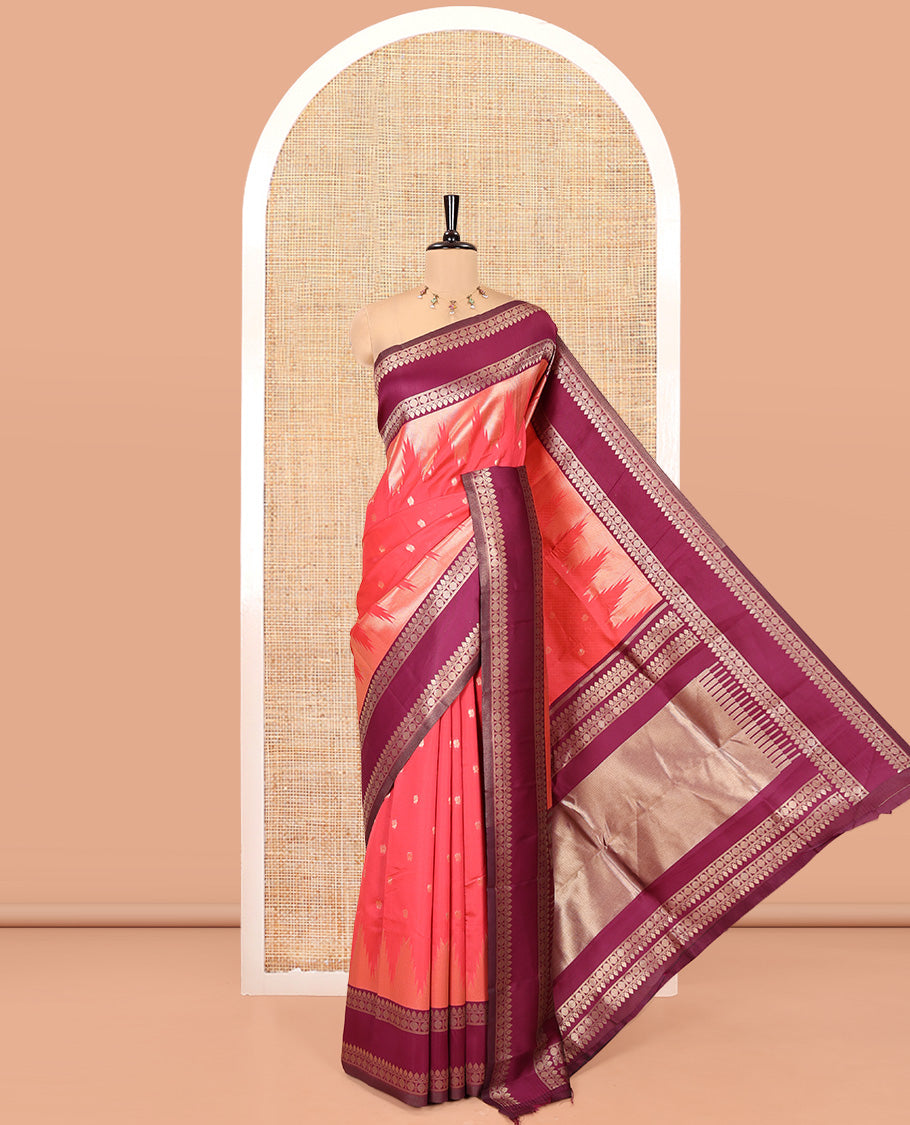 Dark Pink Litchi Saree, Bedecked with Peacock Buttas , Contrast Temple Traditional Rettai Pettu Border, Pallu of Traditional , and Contrast Blouse