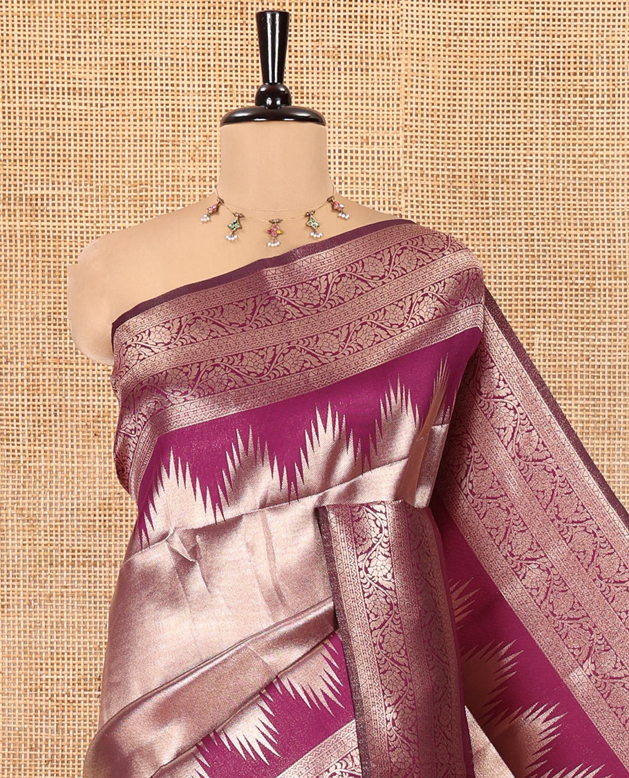 Wine Litchi Saree Features Tissue-Zari Weave, a Temple Kodi Visiry Border, Grand Pallu and a Matching Blouse