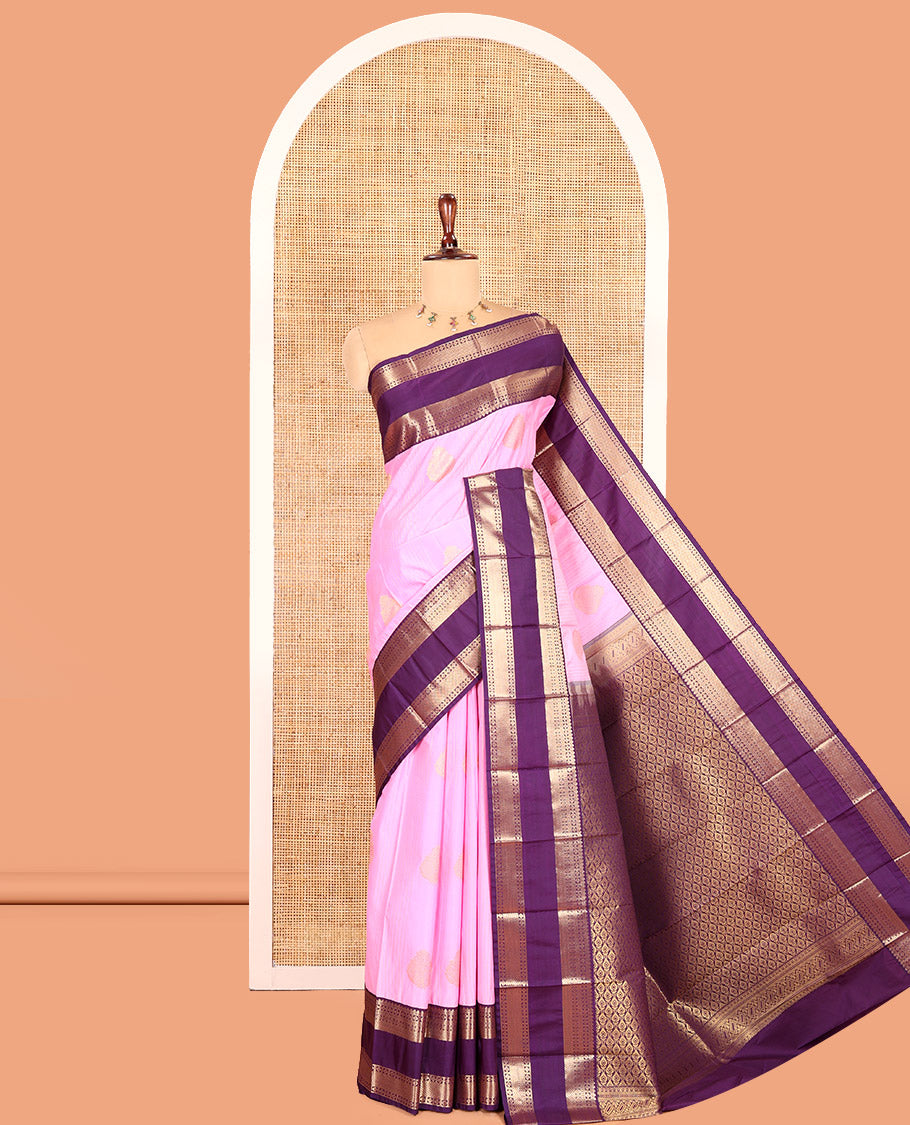 Light Pink-Purple Budget Silk Saree, Adorned with Zari Buttas, Contrast Rettai Pettu Traditional Border, Jaal Pallu, and a Contrast Blouse
