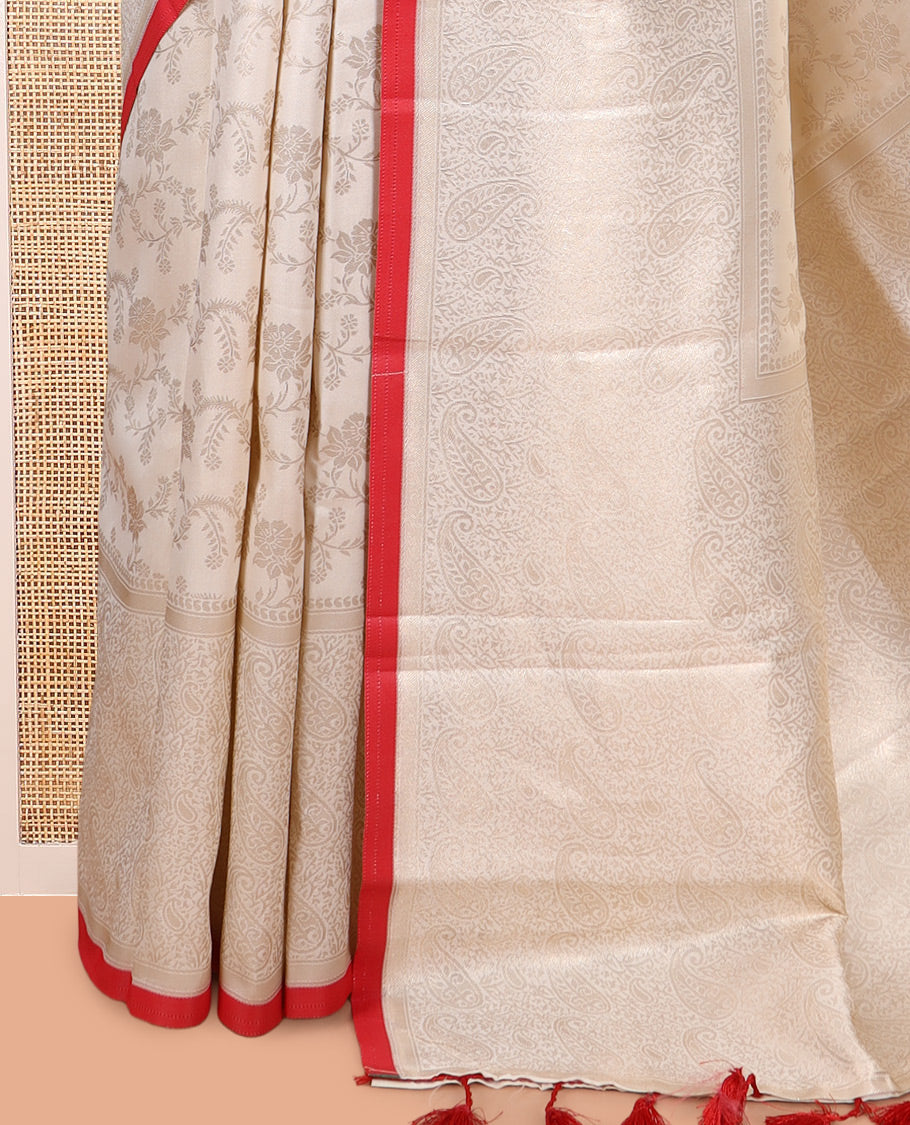Off-White-Red Semi-Silk Saree, Adorned with Floral Jacquard Design, a Zari Paisley Border, and a Contrast Blouse