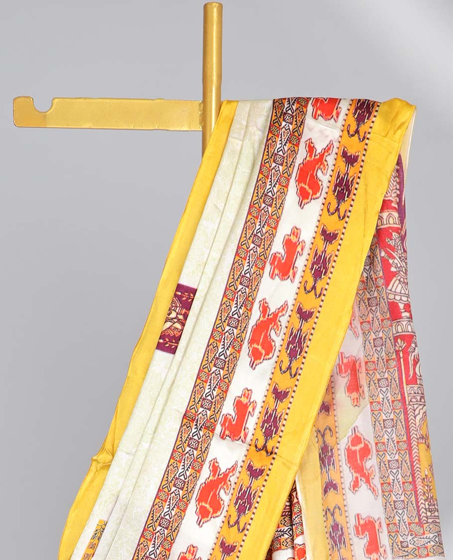 Cream human motifs semi-banaras printed saree with contrast border & wedding design pallu