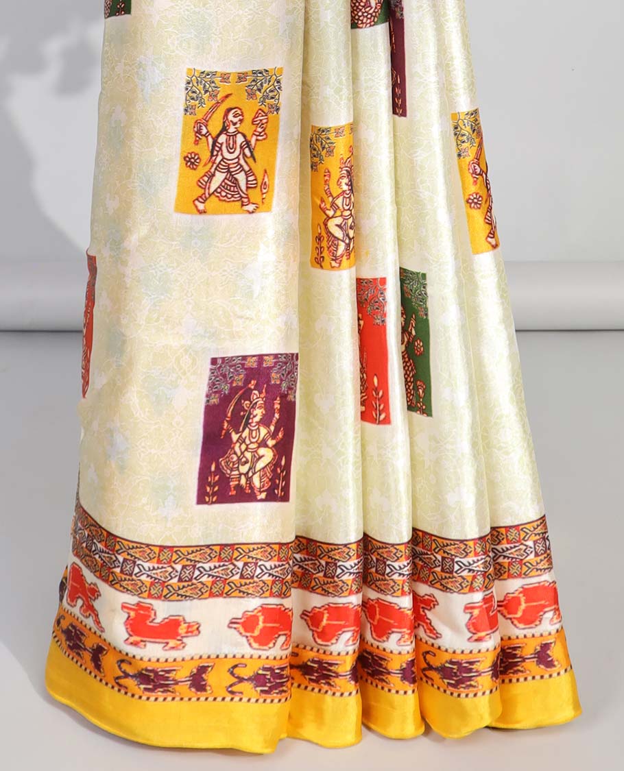Cream human motifs semi-banaras printed saree with contrast border & wedding design pallu