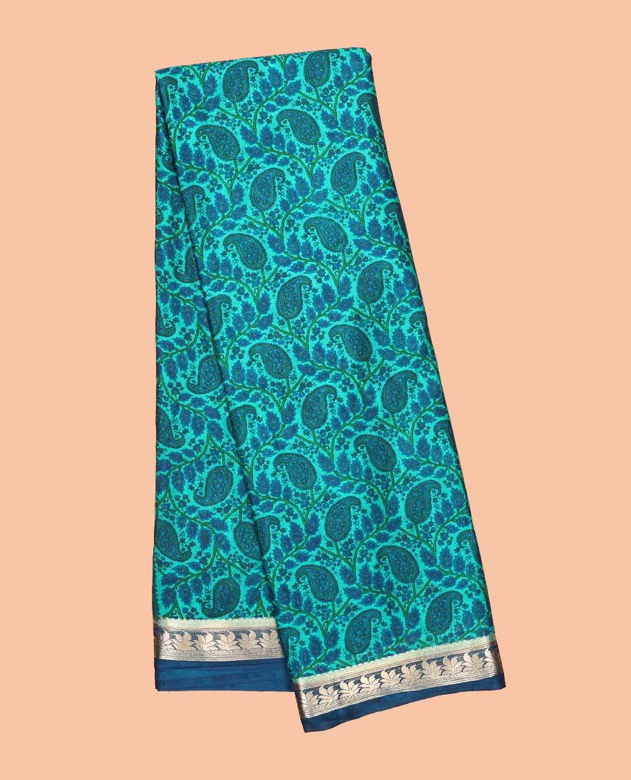 Blue paisley vine semi-banaras printed saree, contrast floral border & pallu of intricate print