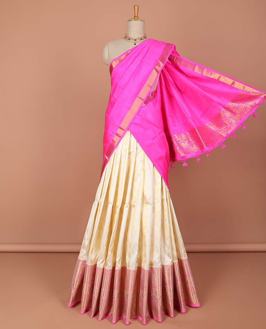 White floral buttas pure silk half saree with contrast traditional design border, zari design blouse & ogee zari design dhavani
