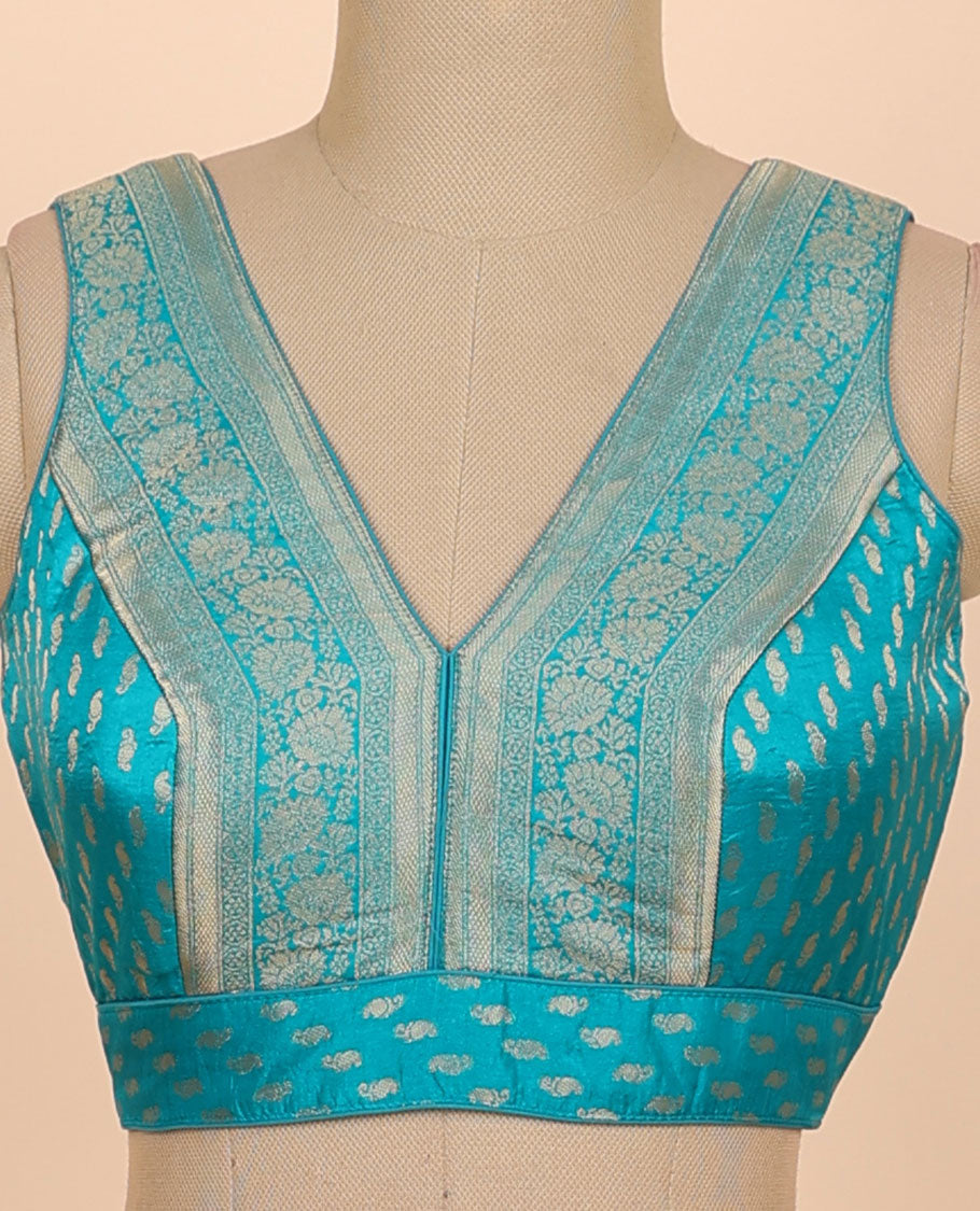 Blue floral zari design front & back deep v-neck raw-silk readymade sleeveless blouse