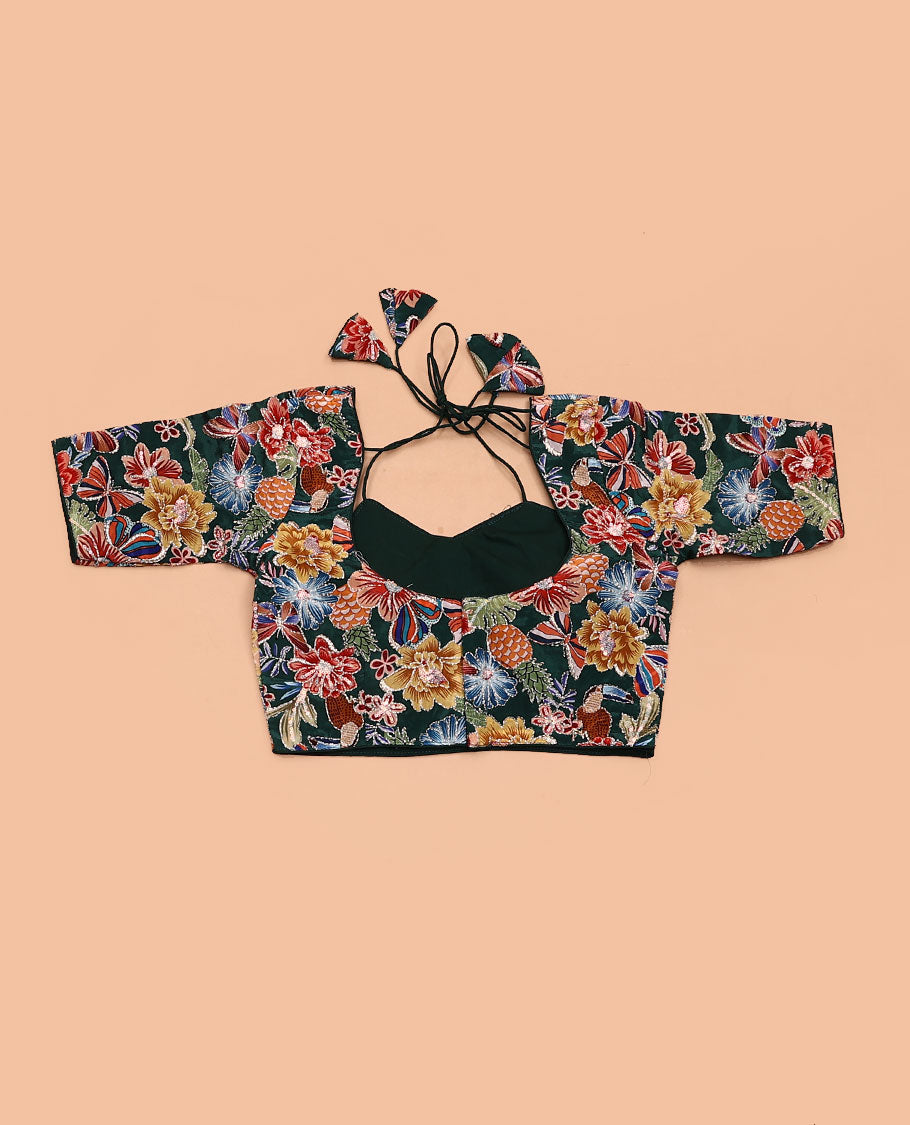 Inky base multi-colored thread floral motifs embroidered halter neck tie up elbow sleeve blouse