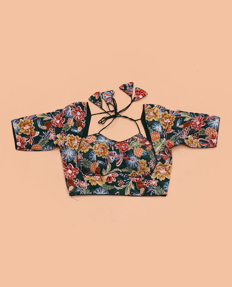 Inky base multi-colored thread floral motifs embroidered halter neck tie up elbow sleeve blouse