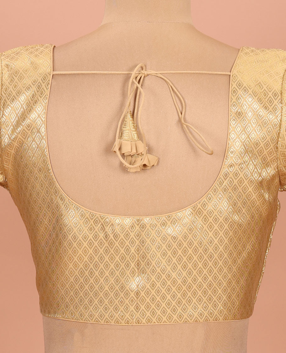 Gold jaal patterned front-back round neck elbow-sleeve readymade blouse