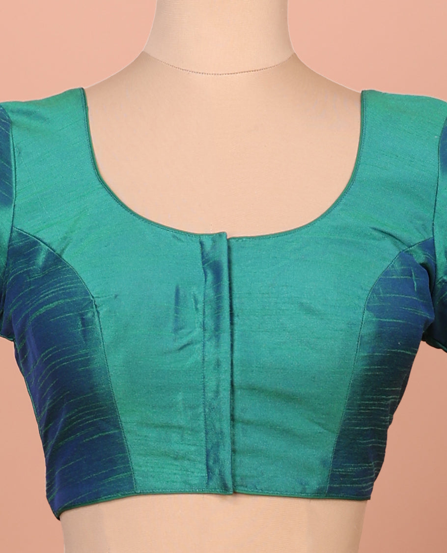 Green Plain Readymade Blouse Featuring a Front Round-Neck, Back Round-Neck, and Elbow Sleeves