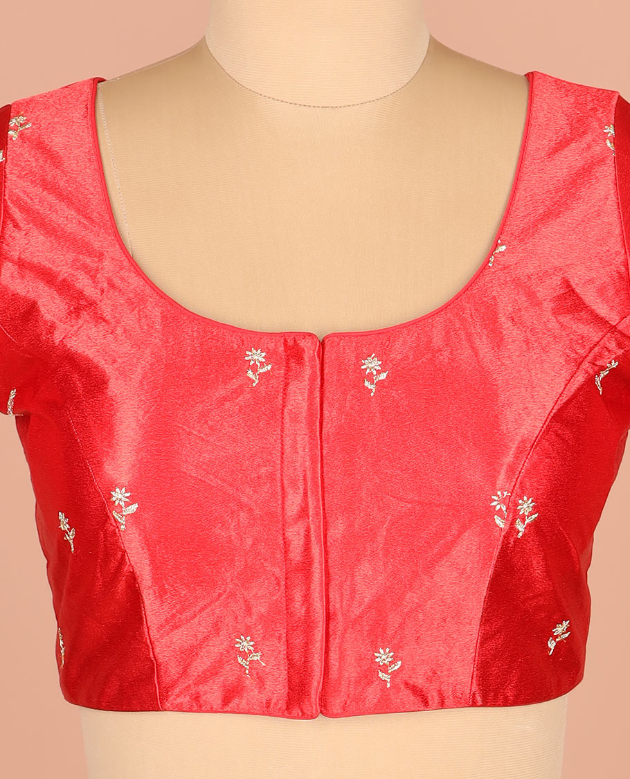 Scintillating Red Readymade Blouse Delicately Embroidered with Floral Motifs, Featuring Front Round Neck, Back Round Neck, and Embroidered Elbow Sleeves
