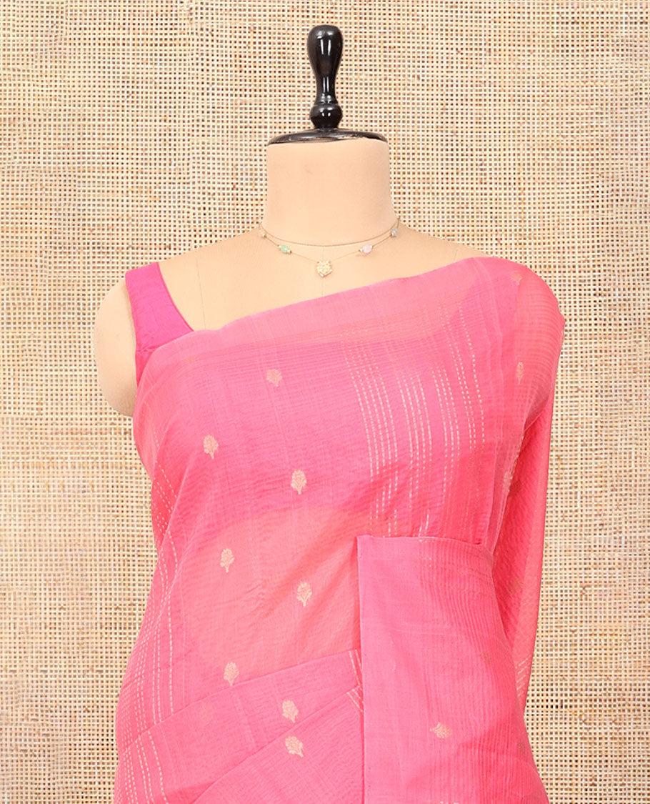Borderless Pink Silk Cotton Saree, Adorned with Zari Buttas and Stripes, Grand Pallu, and a Matching Blouse