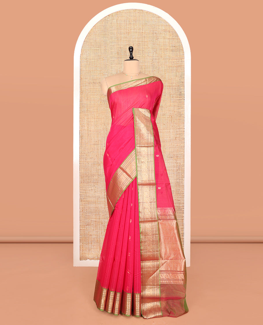 Pink Silk Cotton Saree, Adorned with Buttas, Complemented by Contrast Traditional Zari Border, Grand Jaal Pallu, and a Contrast Blouse