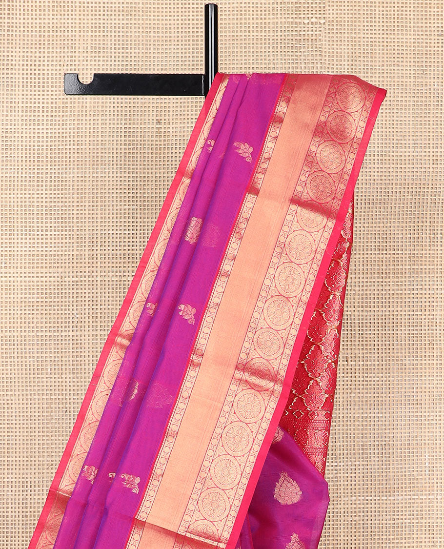 Pink motifs silk cotton saree with contrast zari design border & ogee design pallu