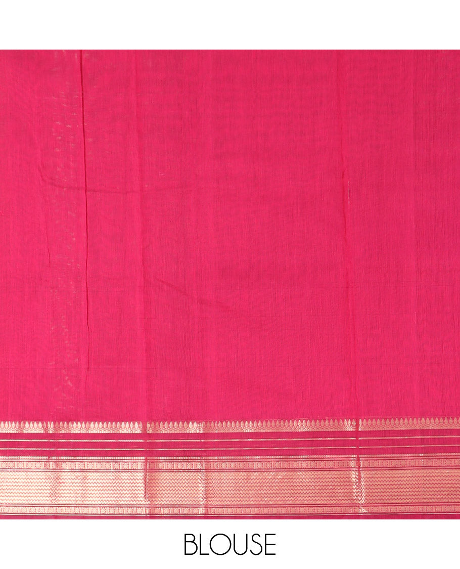 Red Silk Cotton Saree Accentuated with Zari Buttas All Over the Body, Complemented by a Contrast Border of Traditional Zari Designs, Featuring a Pallu of Floral and Geometric Zari Designs, and Paired with a Contrast Blouse