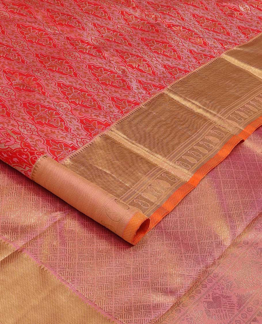 Red jacquard silk saree, contrast border of rekku, zari stripes, banaras, and manga designs, and jaal pallu