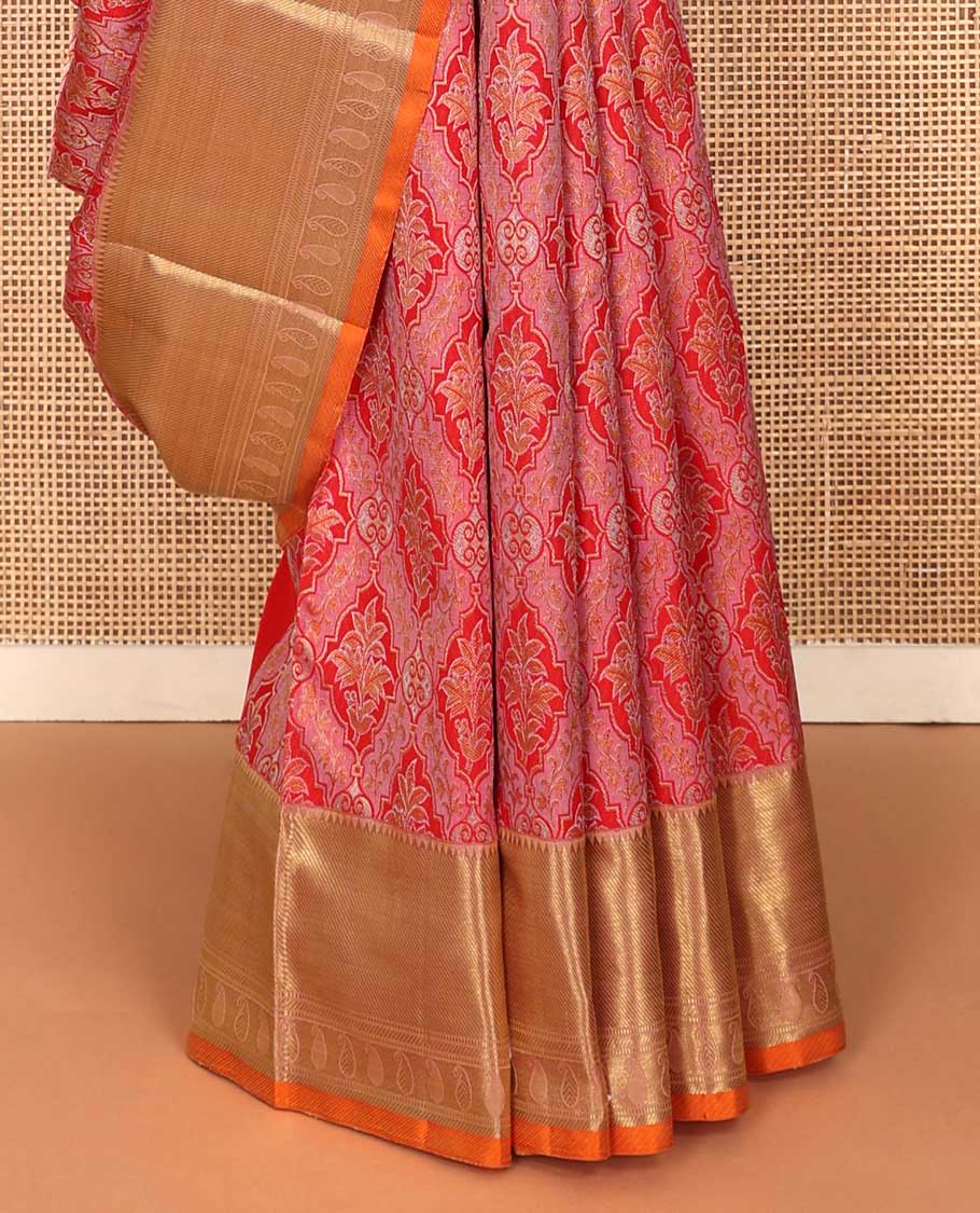 Red jacquard silk saree, contrast border of rekku, zari stripes, banaras, and manga designs, and jaal pallu