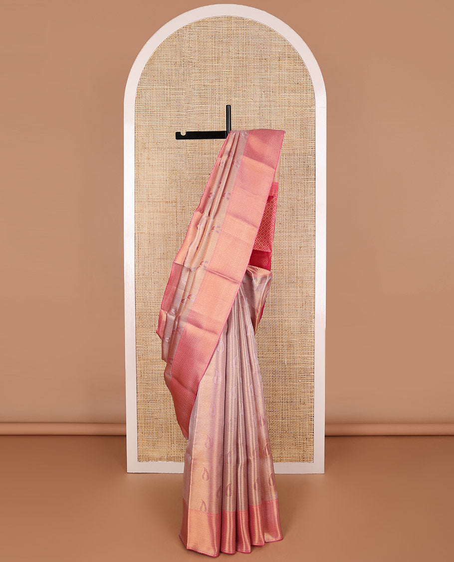 Light pink striped, floral design tissue saree with contrast zari design border & floral checked design pallu