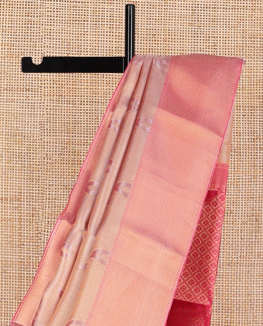 Light pink striped, floral design tissue saree with contrast zari design border & floral checked design pallu