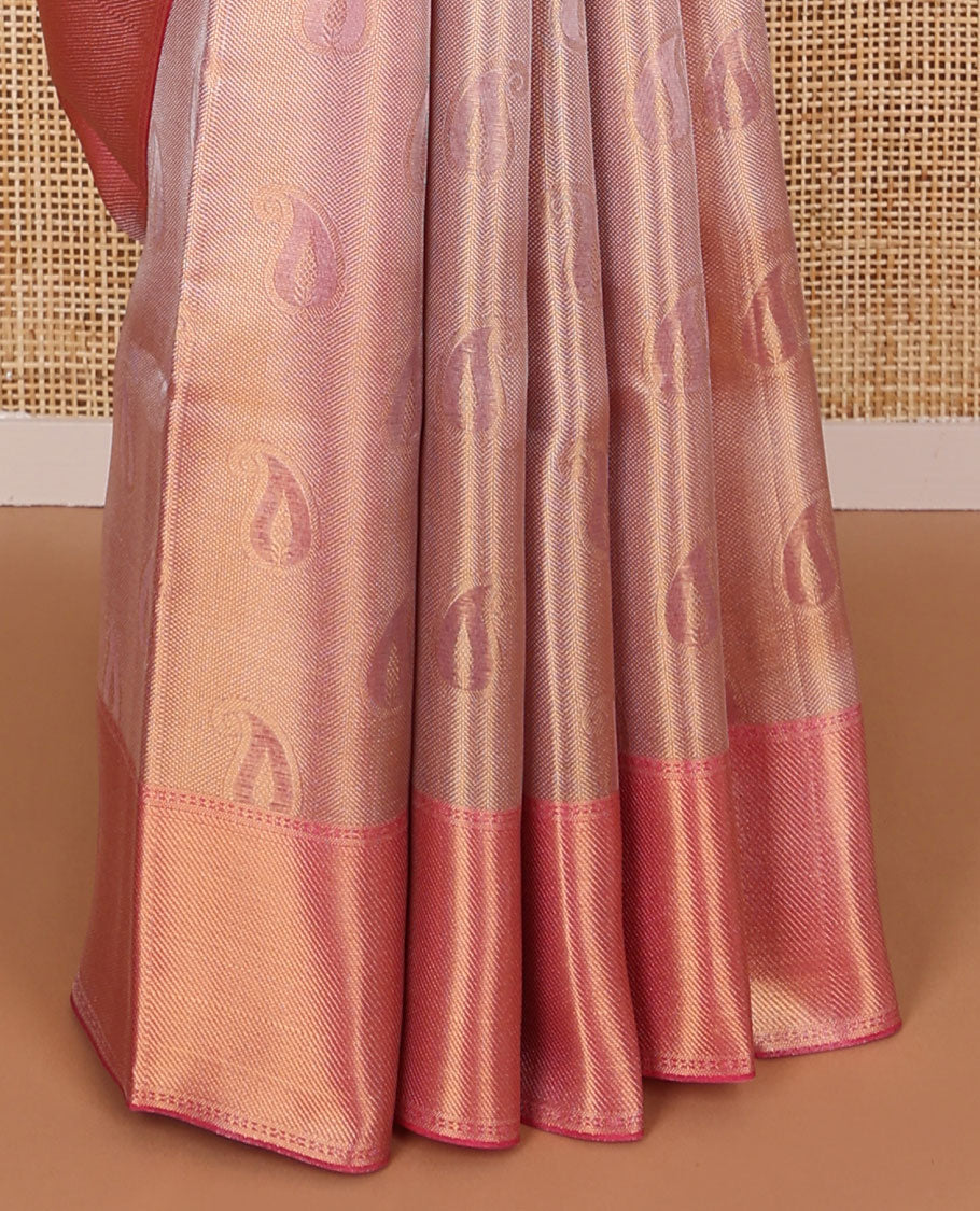 Light pink striped, floral design tissue saree with contrast zari design border & floral checked design pallu
