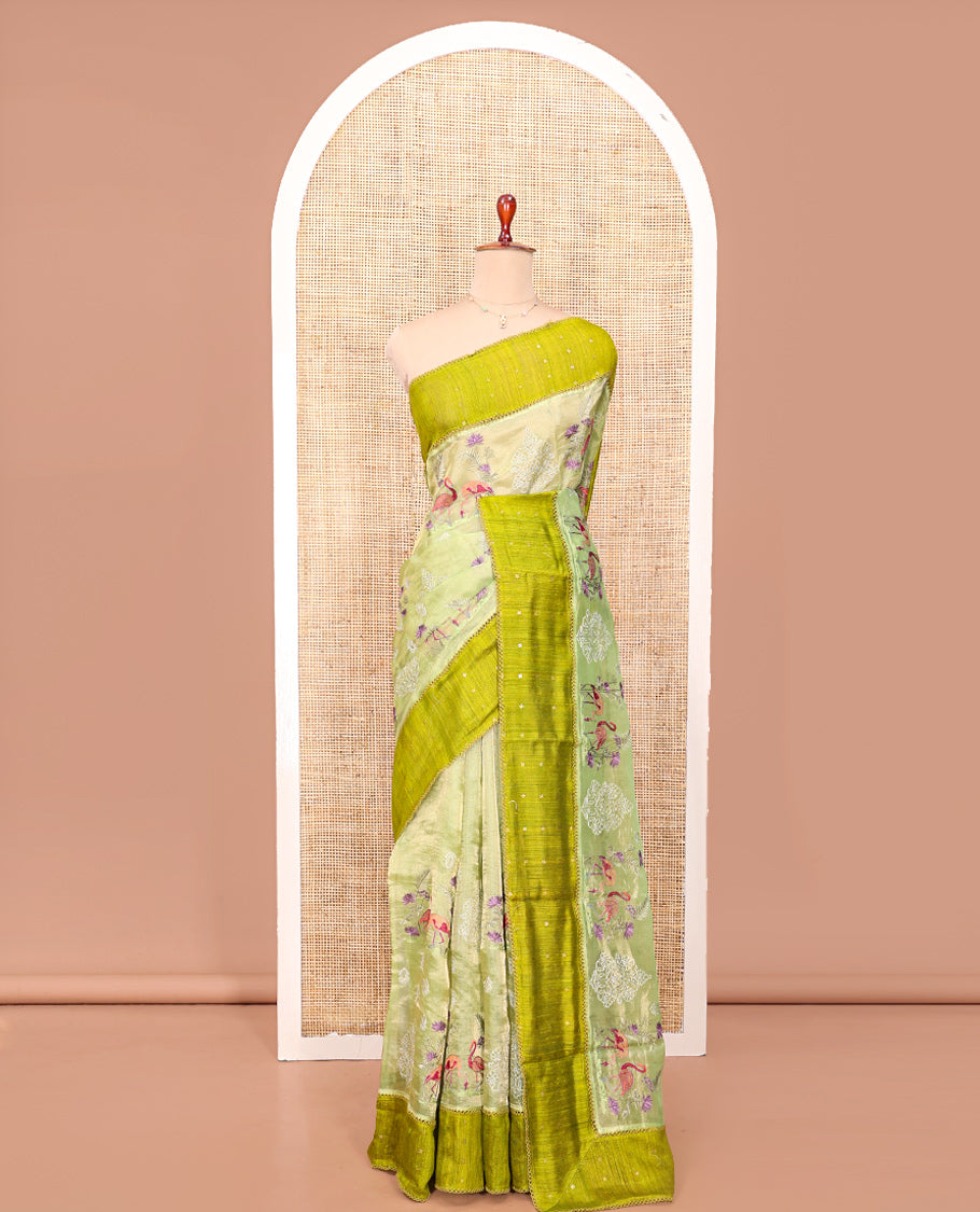Green Tissue Saree, Gracefully Embroidered with Floral-Bird Motifs, a Contrast Border, Matching Blouse