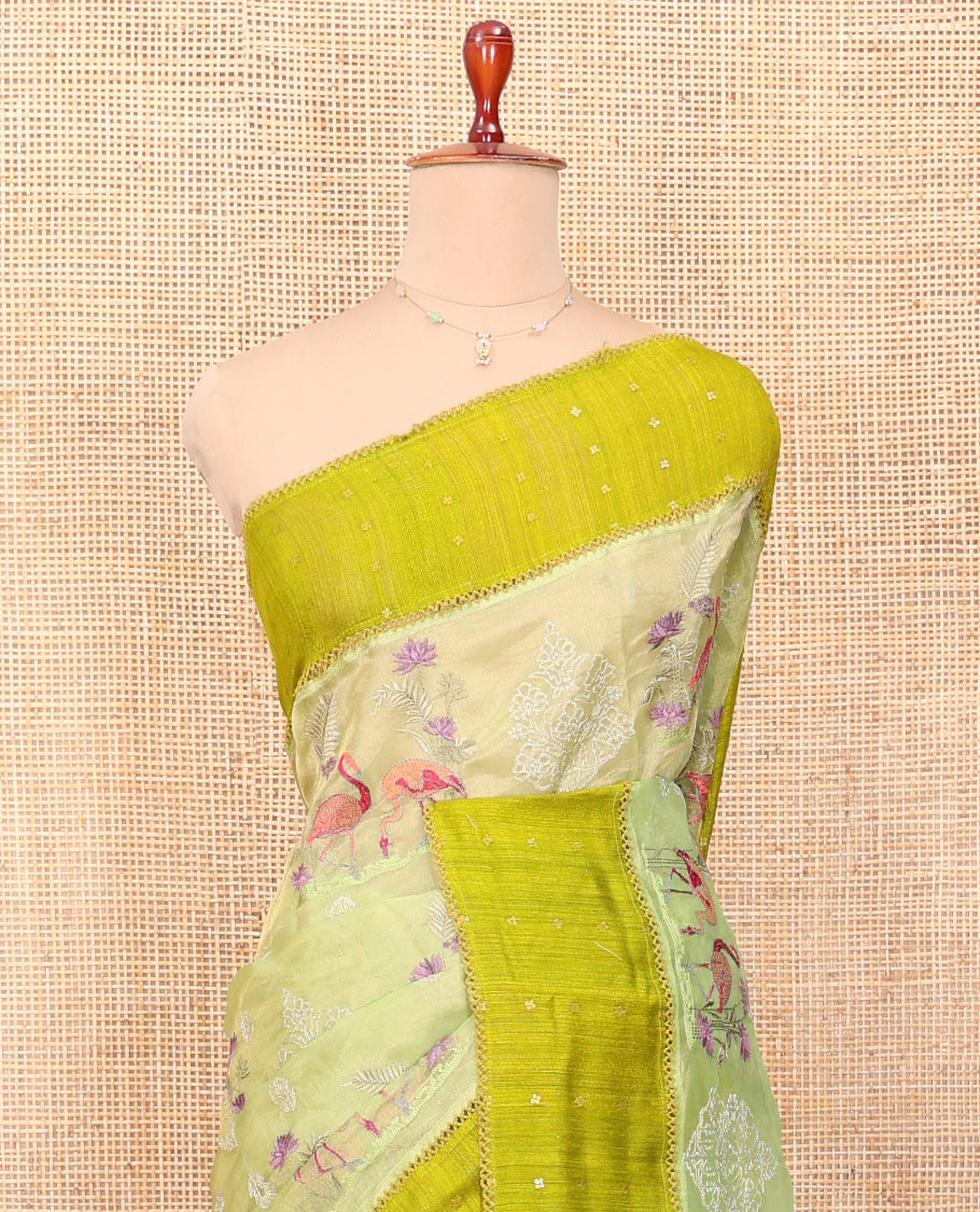 Green Tissue Saree, Gracefully Embroidered with Floral-Bird Motifs, a Contrast Border, Matching Blouse