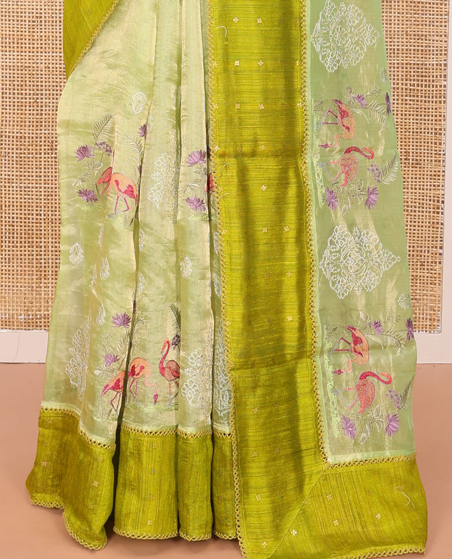Green Tissue Saree, Gracefully Embroidered with Floral-Bird Motifs, a Contrast Border, Matching Blouse