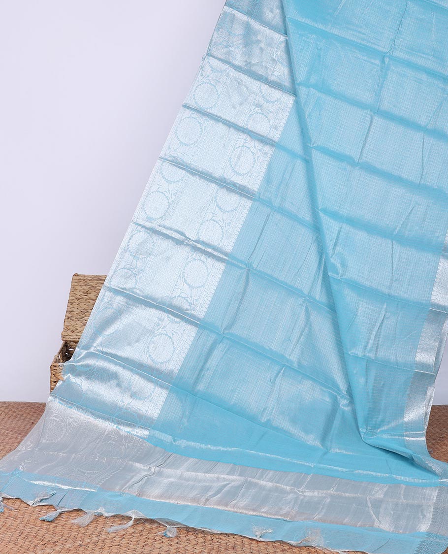 Blue semi-banaras tissue saree with self zari border & intricate zari design pallu