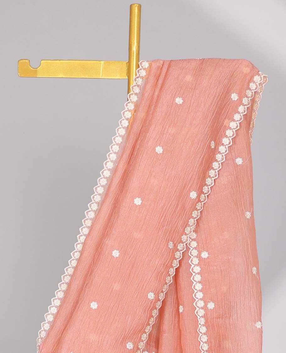 Pink Crushed Tissue saree with scallop motif border and intricate motif embroidery pallu
