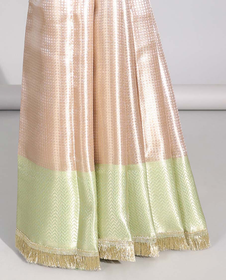 Baby pink checked tissue saree with contrast intricate design border & zig zag striped pallu
