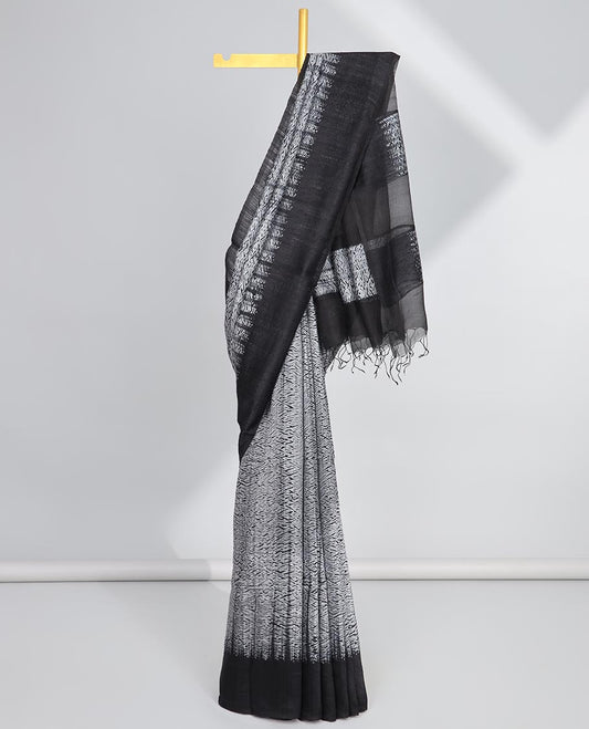 Grey abstract design matka silk saree with contrast plain border & black abstract design pallu