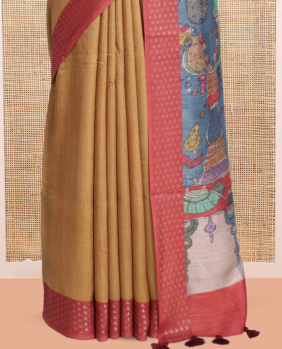 Brown Plain Fancy Tussar Silk Saree, Contrast Triangle Motif Border, Pallu of Kalamkari Peacock Motifs, and Contrast Kalamkari Printed Blouse