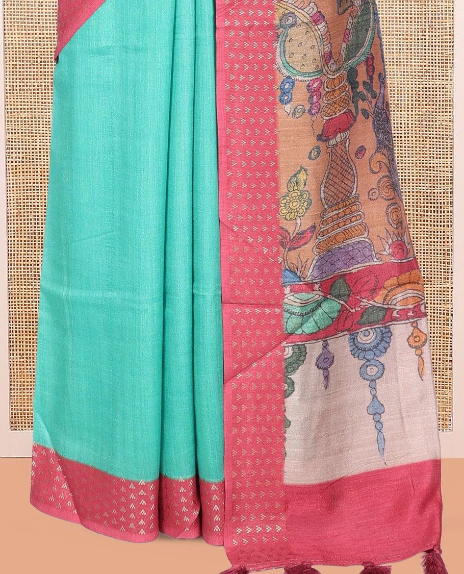 Blue Plain Fancy Tussar Saree, Complemented by a Contrast Triangle Motif Border, Kalamkari Flora-Fauna Printed Pallu, and a Contrast Blouse