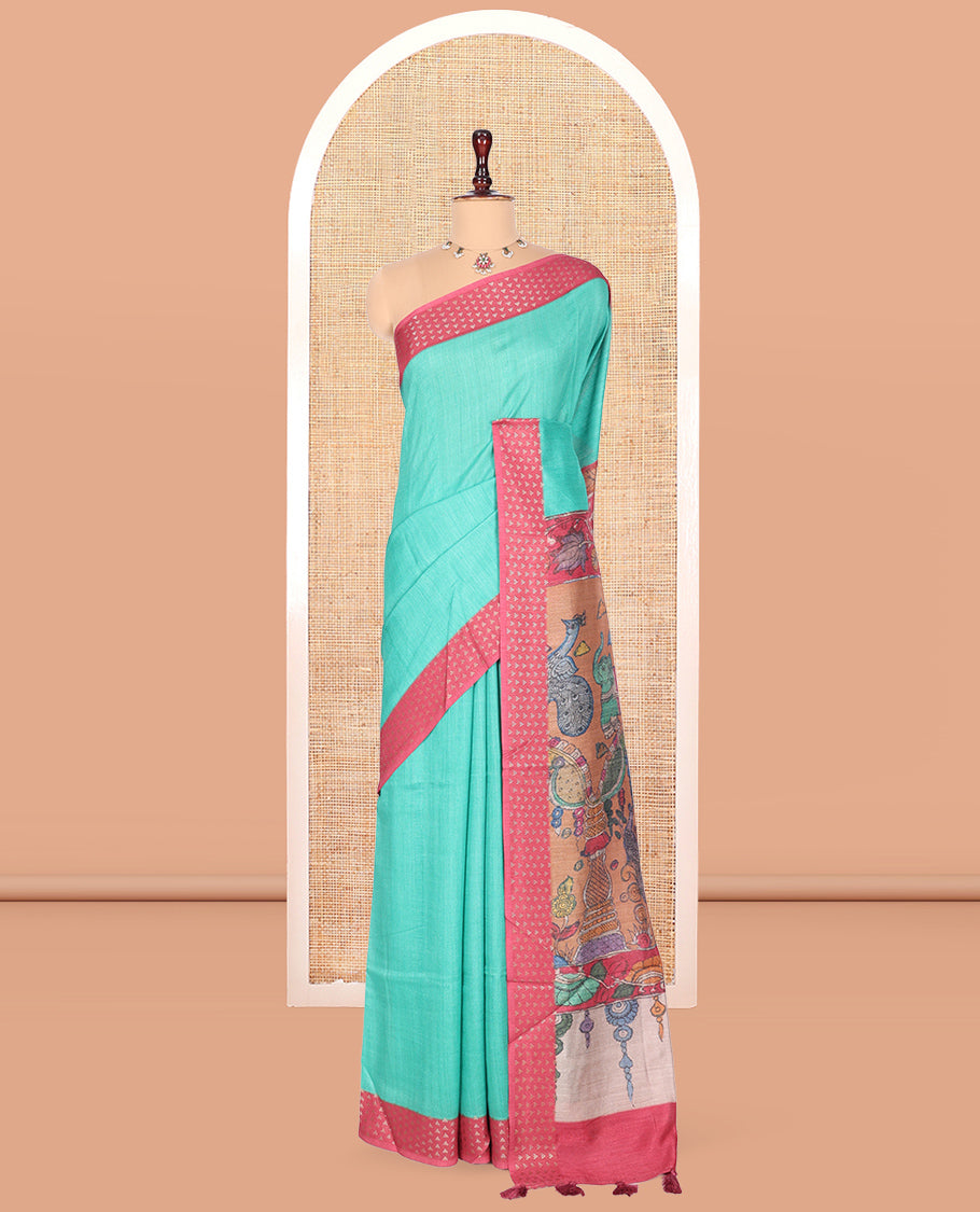 Blue Plain Fancy Tussar Saree, Complemented by a Contrast Triangle Motif Border, Kalamkari Flora-Fauna Printed Pallu, and a Contrast Blouse