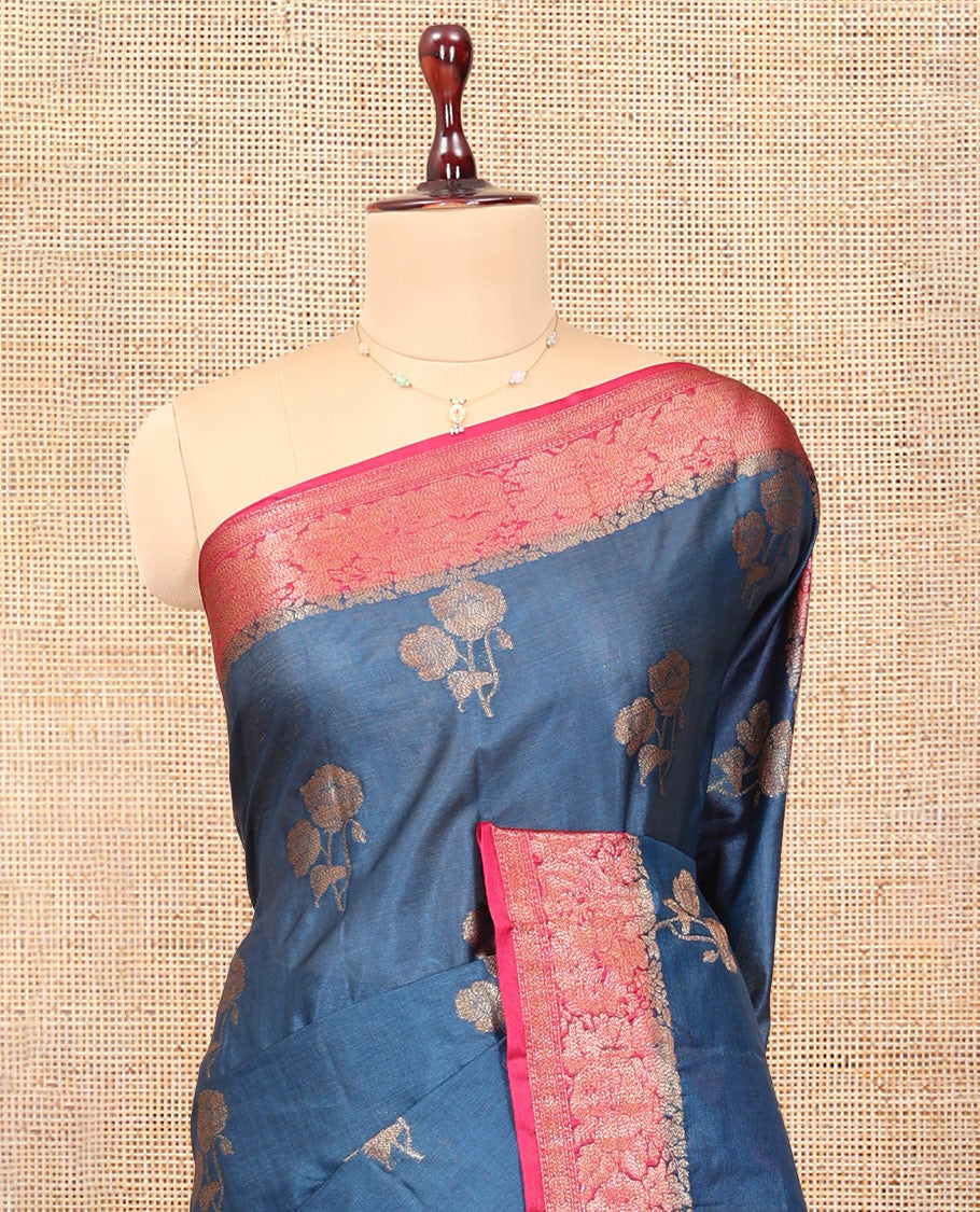 Blue Tussar Silk Saree, Woven with Floral Buttas, a Contrast Floral Zari Design Border, Intricate Pallu, and a Contrast Blouse