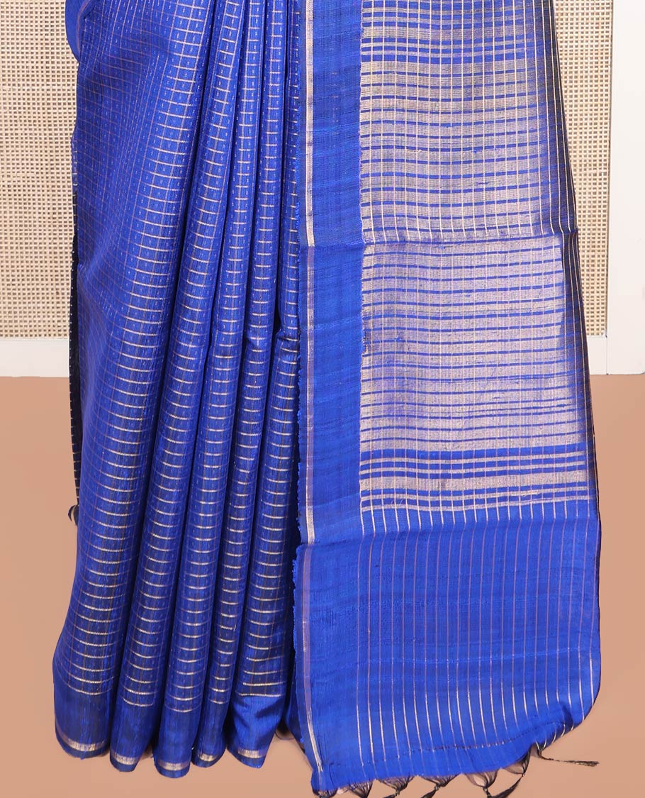 Blue Tussar Silk Saree, Subtly Sparkled with Dot Butta Enclosed Checked Designs, Subtle Border, Gleaming Zari Striped Pallu, and Paired with a Matching Blouse