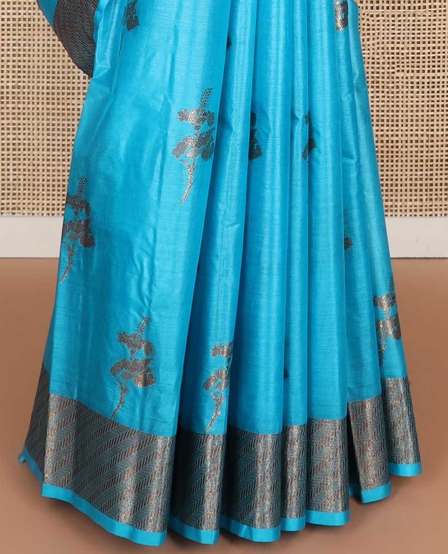Sky blue floral motifs tussar silk saree with self geometric design border & geometric design pallu