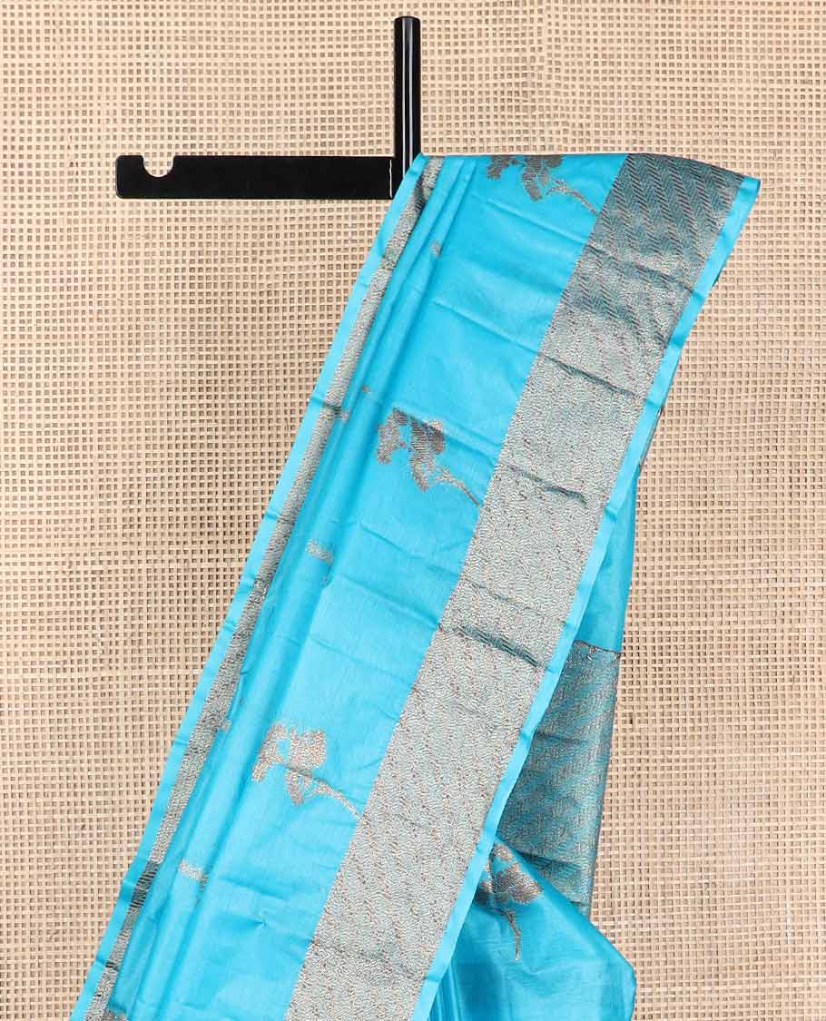 Sky blue floral motifs tussar silk saree with self geometric design border & geometric design pallu