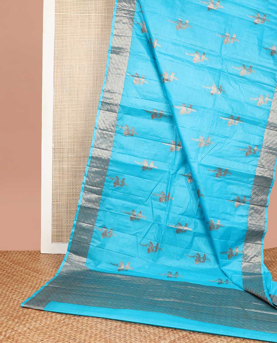 Sky blue floral motifs tussar silk saree with self geometric design border & geometric design pallu