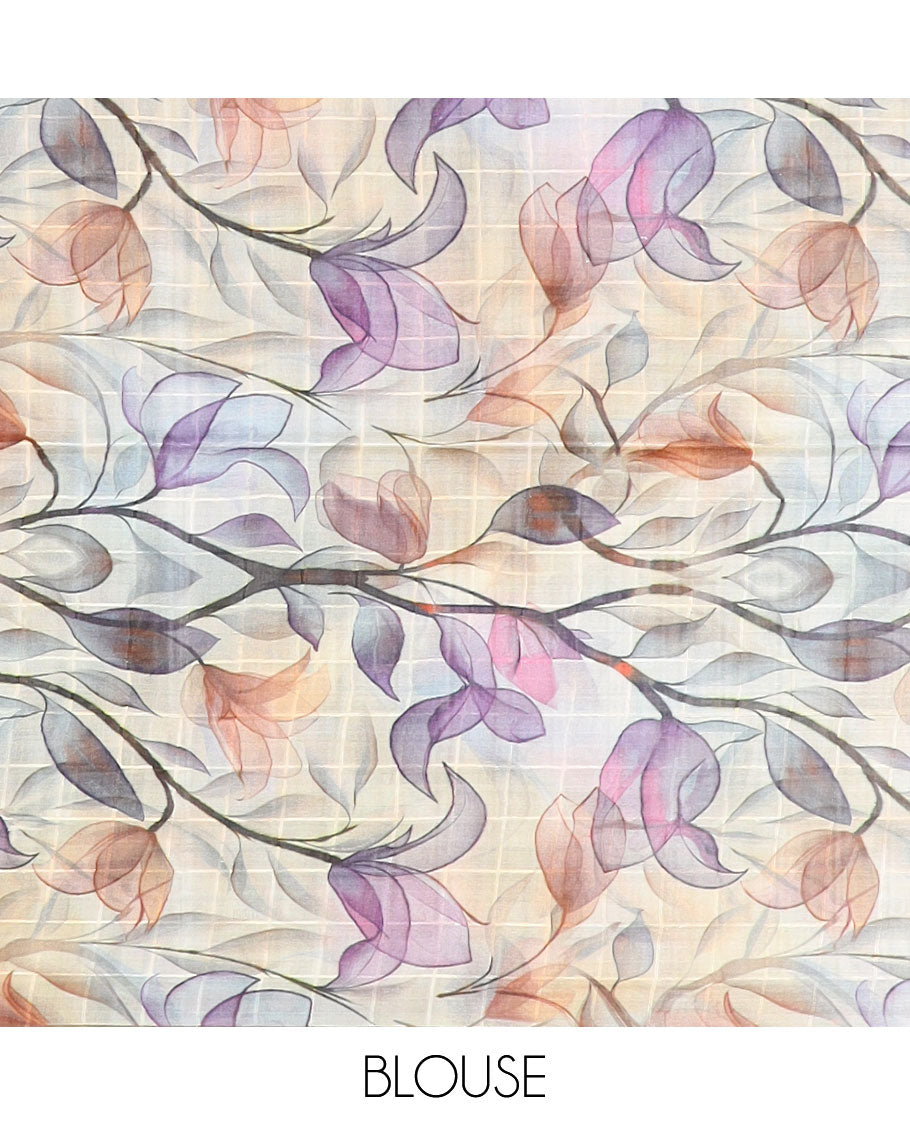 Multi-hue checked & ombre-colored tussar silk saree, contrast plain border, and contrast leaf-printed pallu