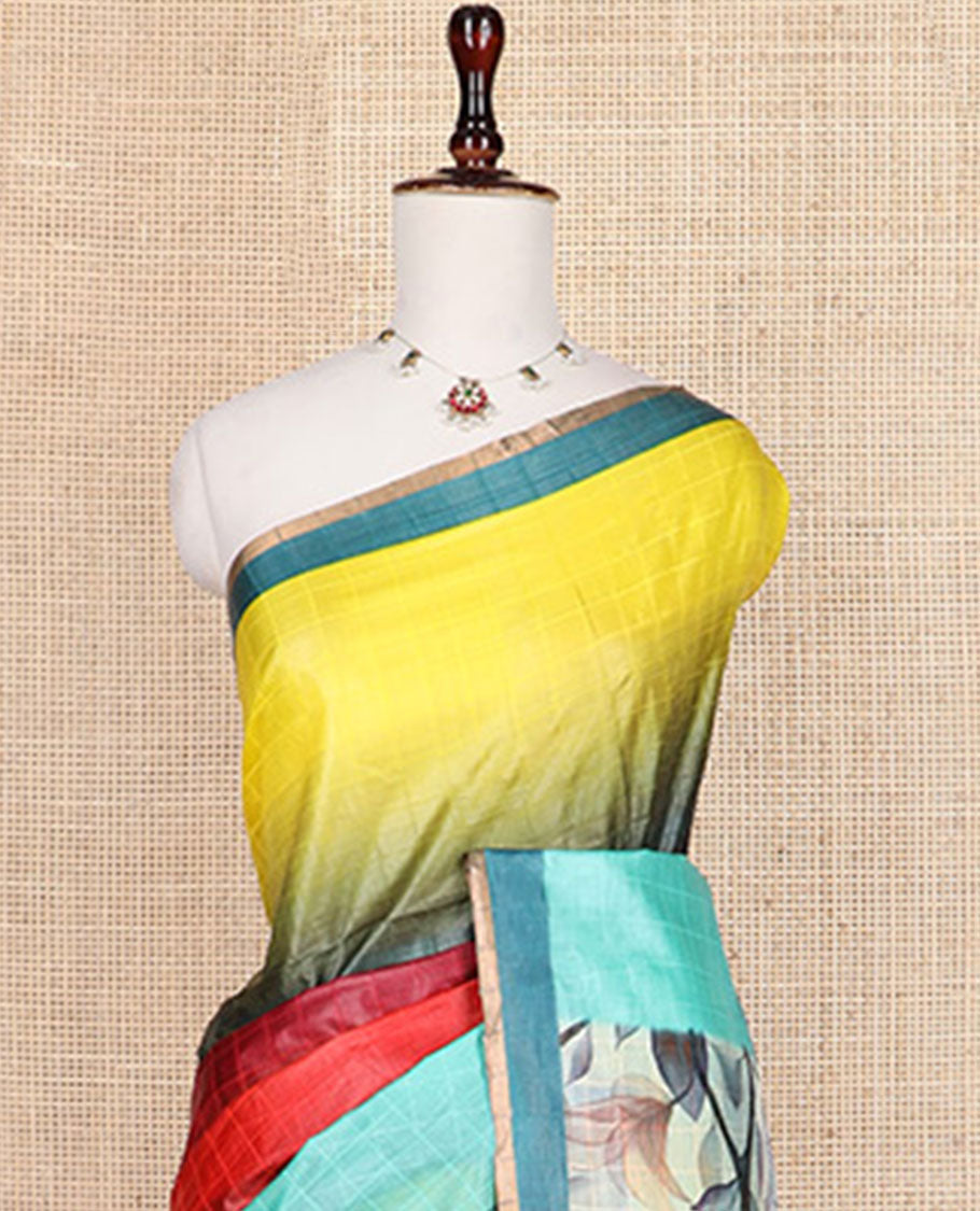Multi-hue checked & ombre-colored tussar silk saree, contrast plain border, and contrast leaf-printed pallu