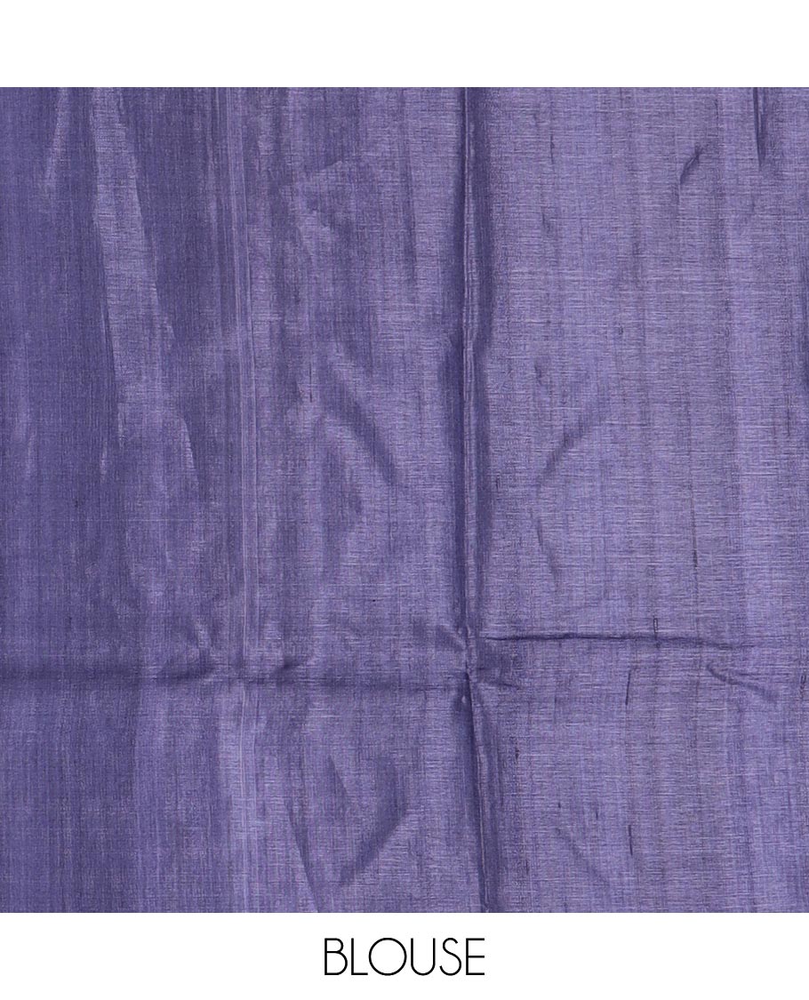 Blue plain tussar silk saree, self border and pallu features geometric patterns, and temple motifs