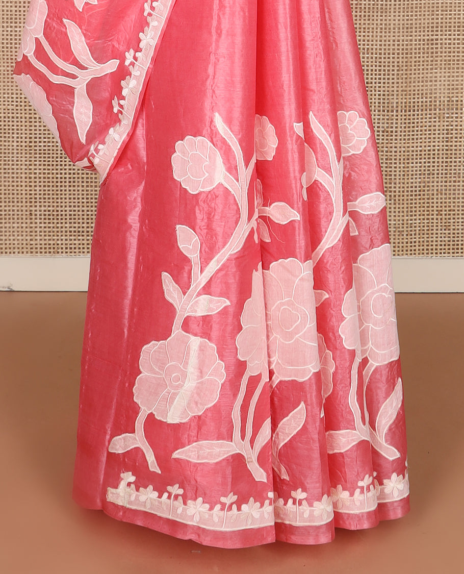Pink floral vine design embroidered tussar saree, floral embroidered border
